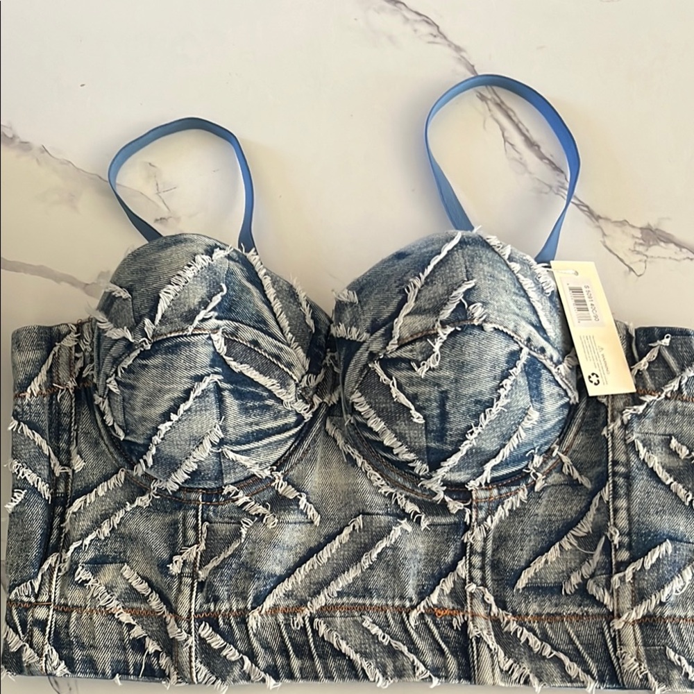 Stylish Denim Bustier Top with Blue Straps